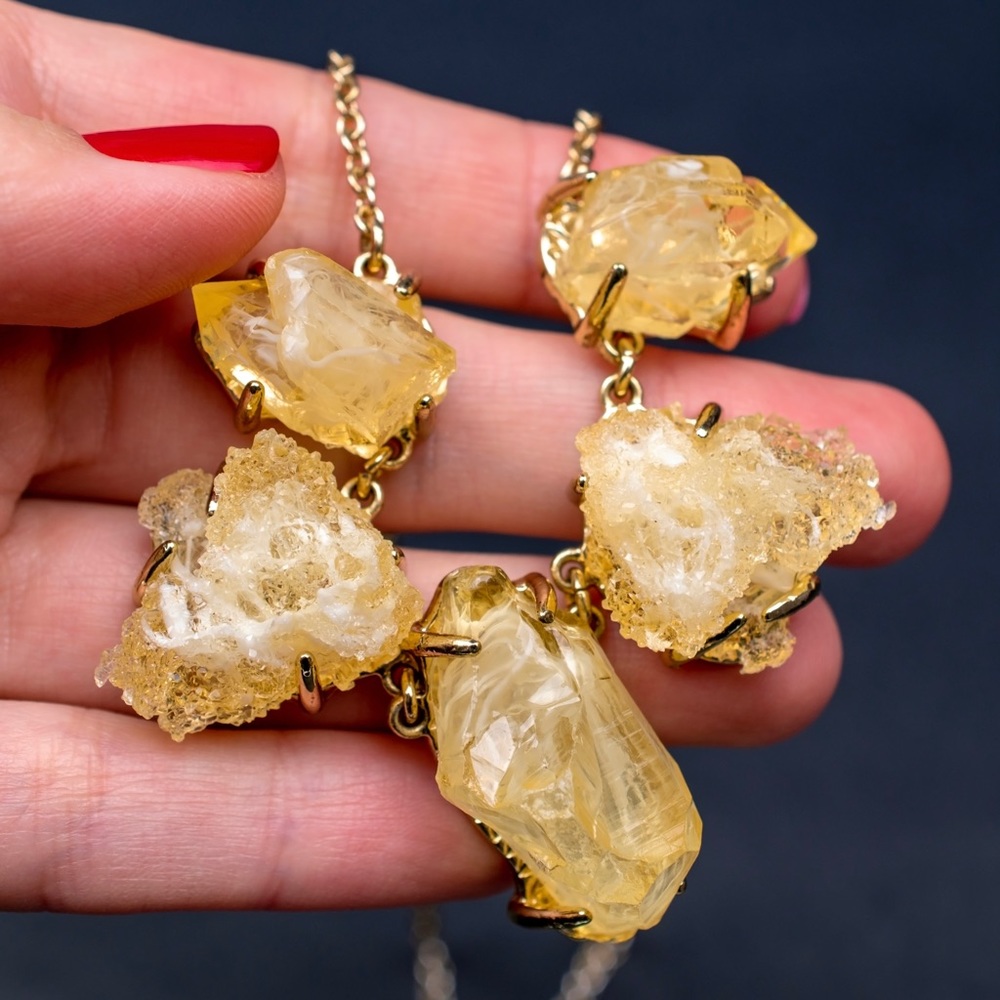 Raw crystal necklace gold tone, clear resin pendant necklace, boho charm chain